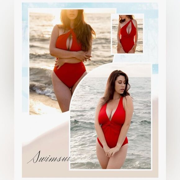 SHAPELLX Tummy Control Swimsuit Women Ruched V Neck One Piece Red L NWT - Picture 8 of 10
